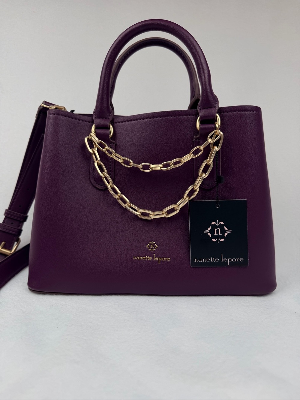 Nanette Lepore Plum Purple Satchel Crossbody Bag  Gold Chain Faux Leather Hanbag